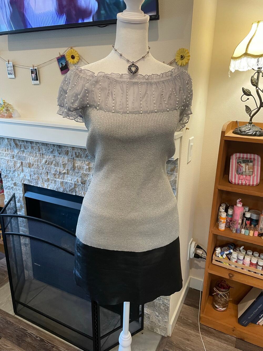 grey ribbed boat neck top with mesh and beaded detailing